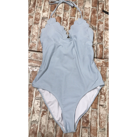 Jessica Simpson Swimsuit SZ MED Tie Back Striped Blue White Ruffle One PC Tummy - Picture 2 of 10